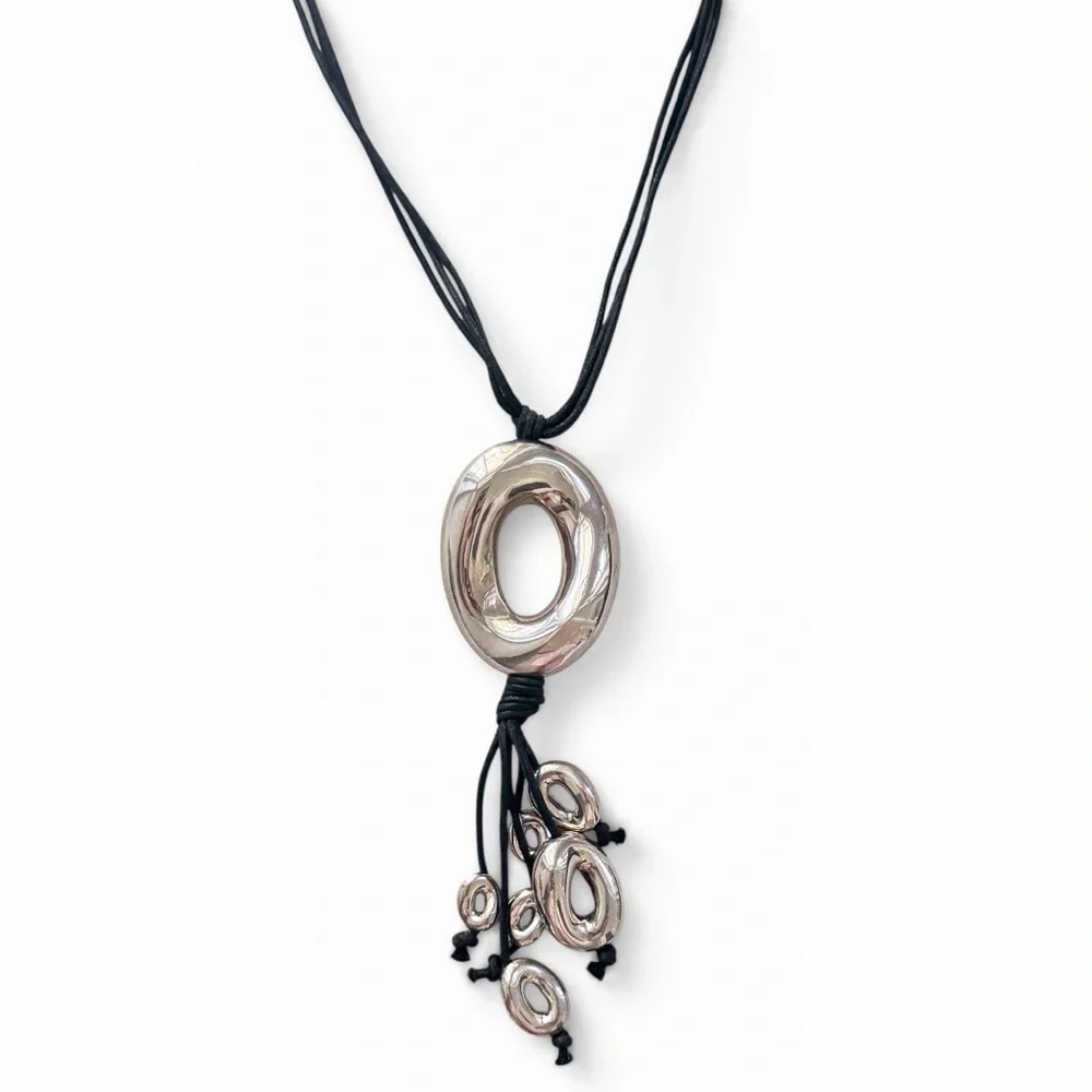 L’una Italy Sterling Silver Modern Oval Pendant Multi-Strand Black Cord Necklace